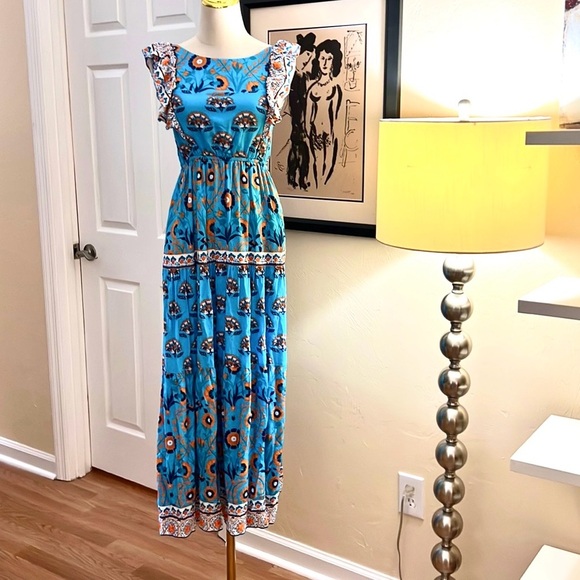 Celina Moon,Tuckernuck, Floral,Tiered, Lined Dres,Blue Patterned Dress, Size S - Picture 9 of 10